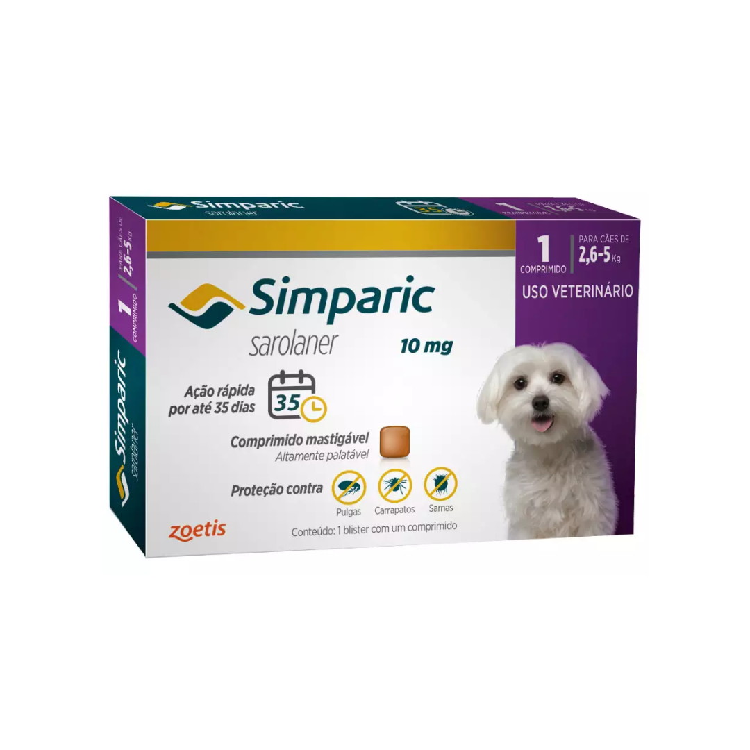 Simparic 10mg Antipulgas Cães 2,6 A 5 Kg 1 Comprimido