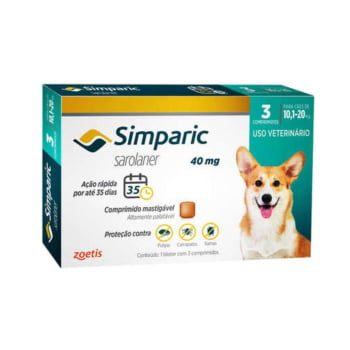 Simparic 40mg Antipulgas Cães 10 A 20 Kg 3 Comprimidos