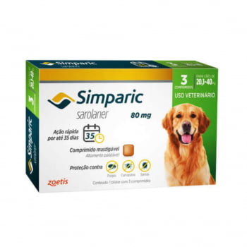 Simparic 80mg Antipulgas Cães 20 A 40 Kg 3 Comprimidos